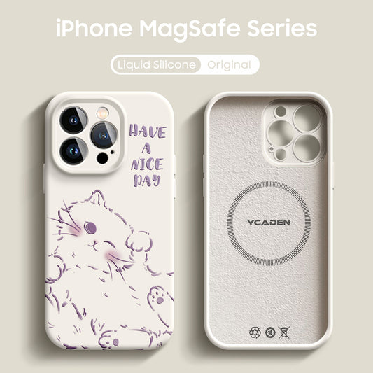 iPhone Lanyard Series | Cute Cat Liquid Silicone MagSafe Phone Case
