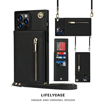 Série iPhone | Étui en cuir pour téléphone portable à bandoulière avec conception de porte-carte à glissière