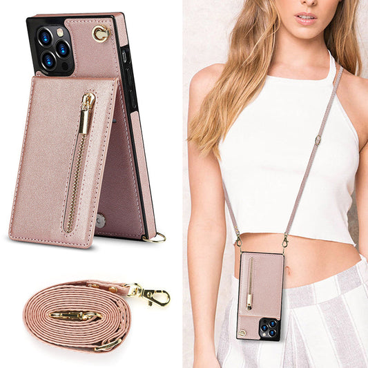 Série iPhone | Étui en cuir pour téléphone portable à bandoulière avec conception de porte-carte à glissière