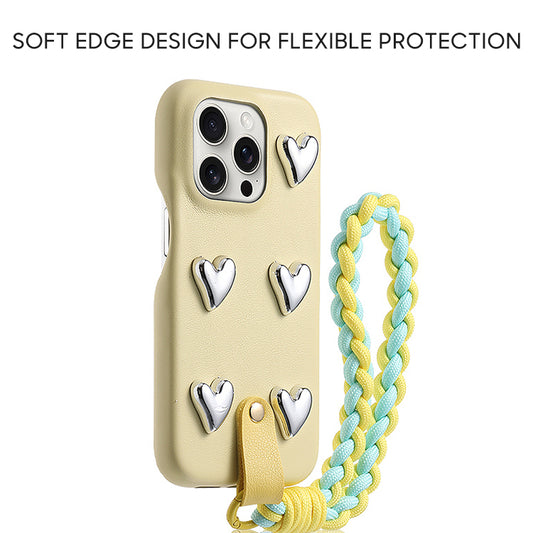 iPhone Lanyard Series | Three-Dimensional Silver Metal Heart Leather Mobile Phone Case