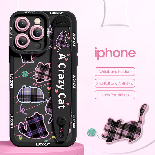 iPhone Series | “Plaid Cat”  Liquid Silicone Wristband Phone Case