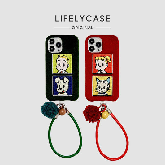 iPhone Lanyard Series | Cartoon Boy and Girl Velvet Phone Case