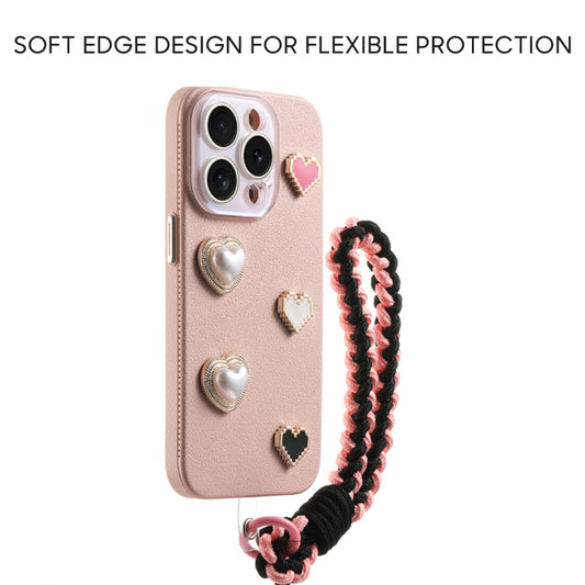 iPhone Lanyard Series | 3D Pearl Heart Genuine Leather Phone Case