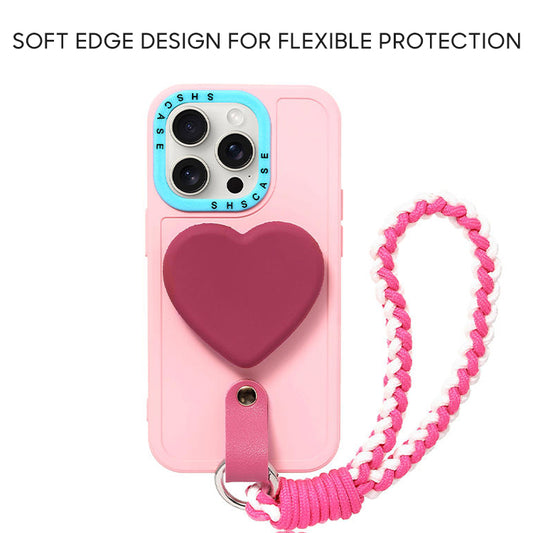 iPhone Lanyard Series | Pink Heart Bracket Liquid Silicone Phone Case