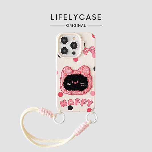 iPhone Lanyard Series | Embroidered Cat Leather Phone Case