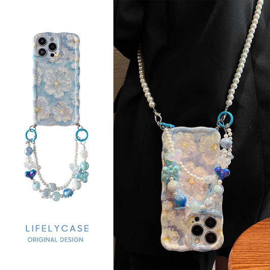 iPhone Lanyard Series | Blue Daisy Oil Painting Design Phone Case