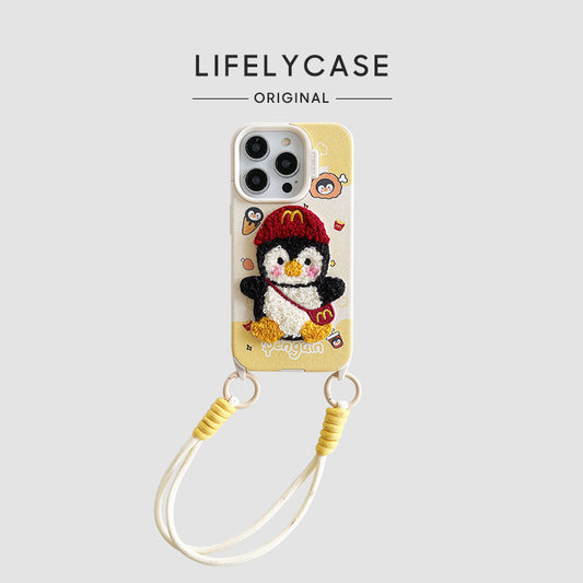 iPhone Lanyard Series | Embroidered Penguin Cartoon Leather Phone Case