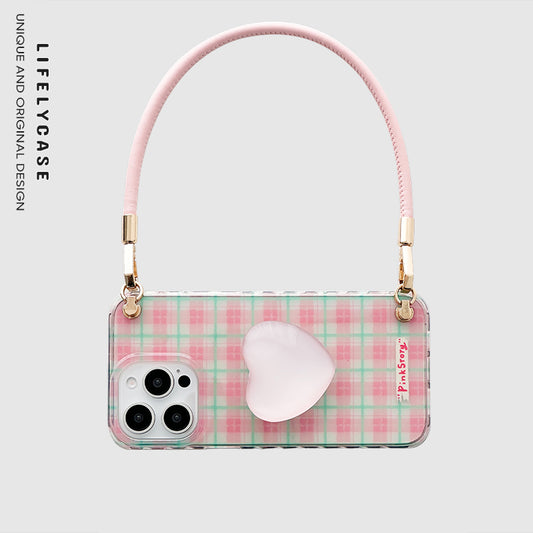 iPhone Lanyard Series | Pink Plaid Heart Stand Phone Case