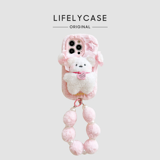 iPhone Lanyard Series | Pink Bow Puppy Plush Phone Case