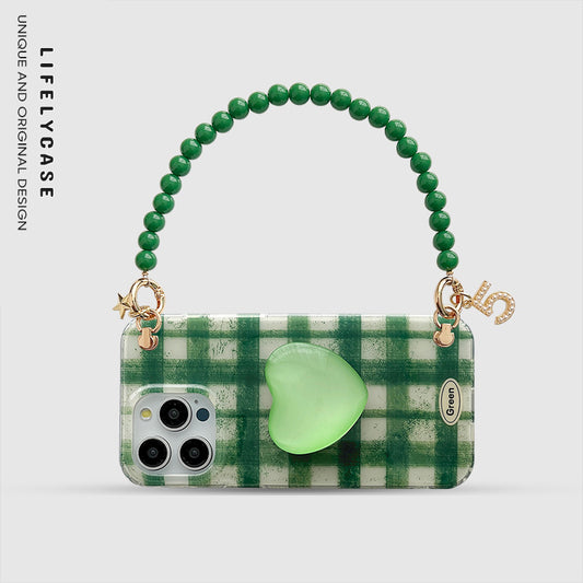 iPhone Lanyard Series | Green Lattice Heart Stand Phone Case