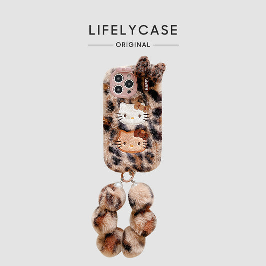 iPhone Lanyard Series | Leopard Print Hello Kitty Plush Phone Case