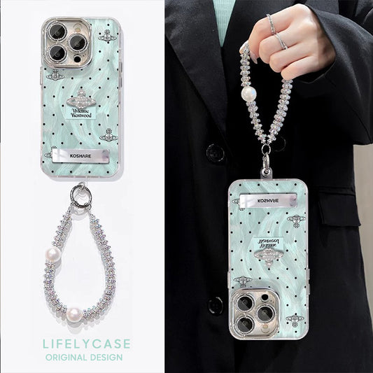 iPhone Lanyard Series | Blue Polka Dot Folding Stand Phone Case