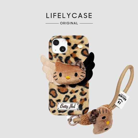 iPhone Lanyard Series | Leopard Print Angel Hellokitty Plush Phone Case