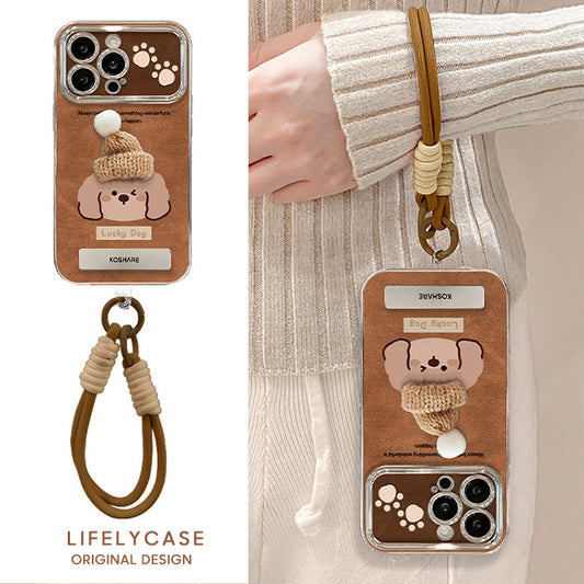 iPhone Lanyard Series | Puppy Wearing Hat Folding Stand Phone Case