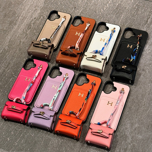 iPhone Lanyard Series | Genuine Leather Wallet Phone Case - Free Earphone Bag