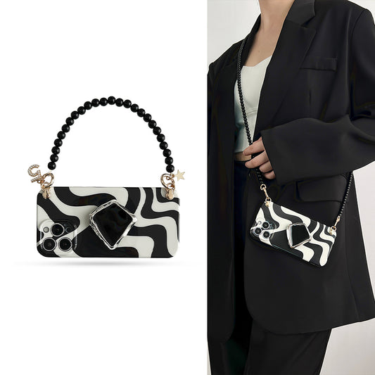 iPhone Lanyard Series | Black and White Simple Design Silk Scarf Phone Case