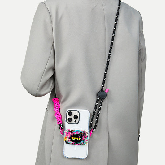 Phone Clip with Crossbody Lanyard  - Black Cat