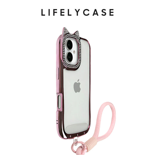 iPhone Lanyard Series | Diamond-Studded Cat Ear Design Electroplated Silicone Phone Case