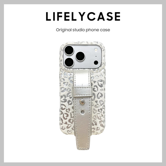 iPhone Series | Heart-Print Leopard Leather Hand Strap Phone Case