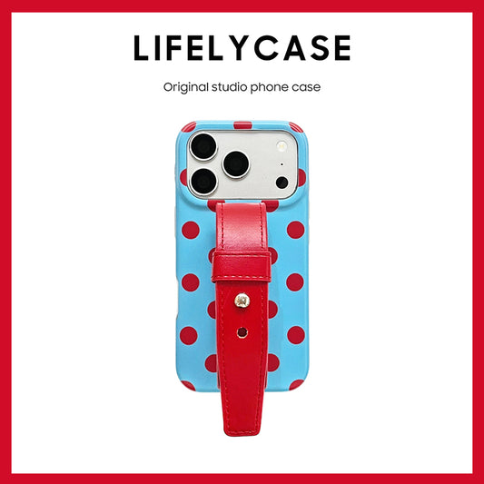 iPhone Series | Color-Contrast Polka Dots Leather Hand Strap Phone Case