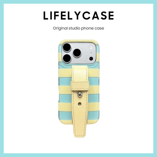 iPhone Series | Striped Design Leather Hand Strap Phone Case