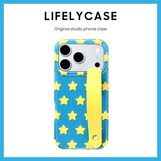 iPhone Series | Color-Blocked Stars Leather Hand Strap Phone Case