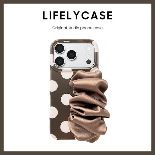 iPhone Series | Brown Polka Dots Satin Scarf Hand Strap Phone Case