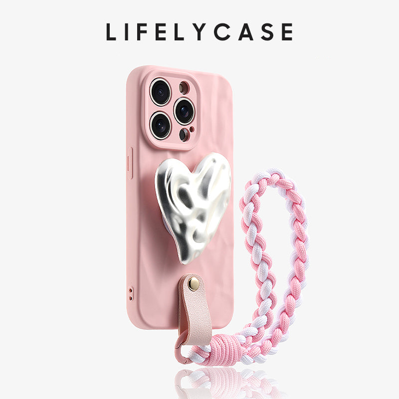 iPhone Lanyard Series | Silver Heart Bracket Liquid Silicone Phone Case