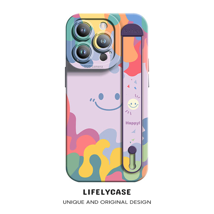 Série iPhone | Étui de téléphone avec bracelet en silicone liquide aquarelle Smiley