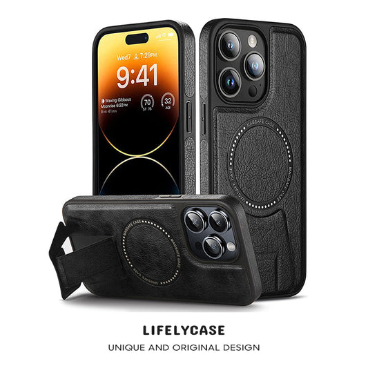 Serie MagSafe para iPhone | Funda de teléfono de cuero con soporte plegable 