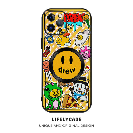 Série iPhone MagSafe | Étui de téléphone en cuir de dessin animé Doodle Smiley
