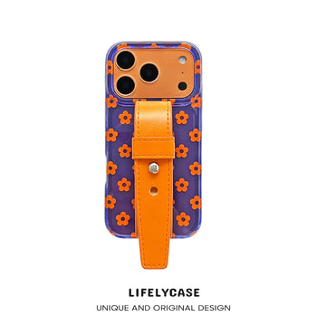 iPhone Series | Color-Blocked Flowers Leather Hand Strap Phone Case