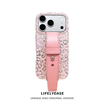 iPhone Series | Heart-Print Leopard Leather Hand Strap Phone Case