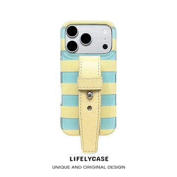 iPhone Series | Striped Design Leather Hand Strap Phone Case