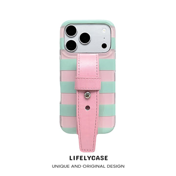 iPhone Series | Striped Design Leather Hand Strap Phone Case