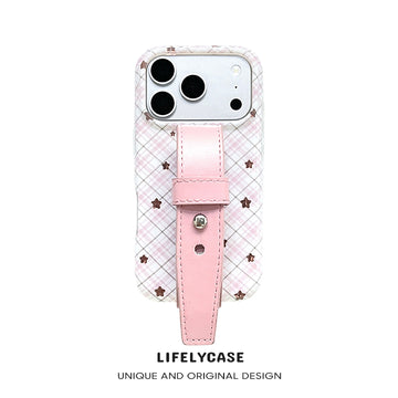 iPhone Series | Checkered Stars Leather Hand Strap Phone Case