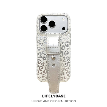 iPhone Series | Heart-Print Leopard Leather Hand Strap Phone Case