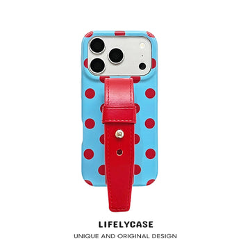 iPhone Series | Color-Contrast Polka Dots Leather Hand Strap Phone Case
