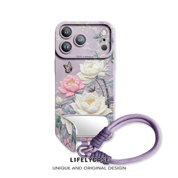 iPhone Lanyard Series | Butterflies and Flowers Mirror Stand Phone Case