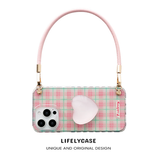 iPhone Lanyard Series | Pink Plaid Heart Stand Phone Case