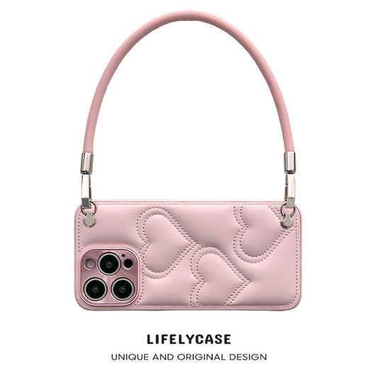 iPhone Lanyard Series | Heart Pattern Leather Phone Case