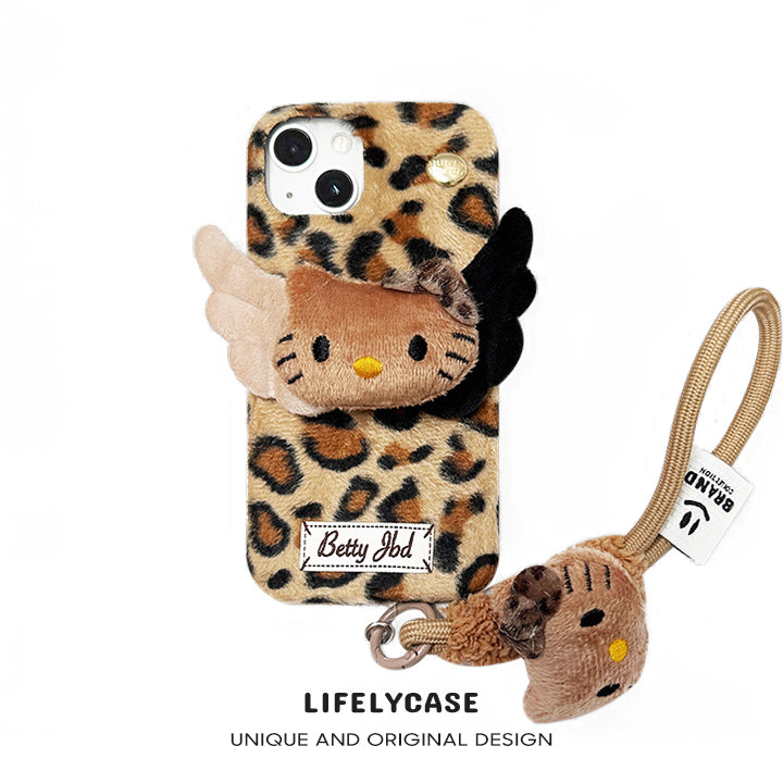 iPhone Lanyard Series | Leopard Print Angel Hellokitty Plush Phone Case