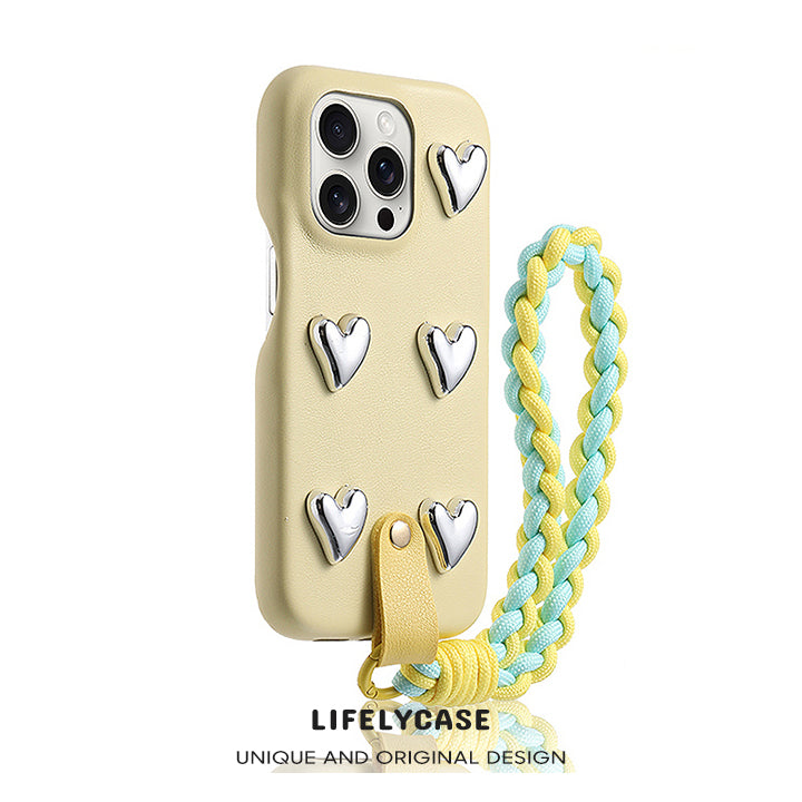 iPhone Lanyard Series | Three-Dimensional Silver Metal Heart Leather Mobile Phone Case