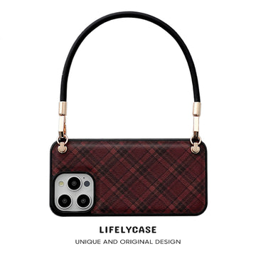 iPhone Lanyard Series | Brown Check Leather Phone Case