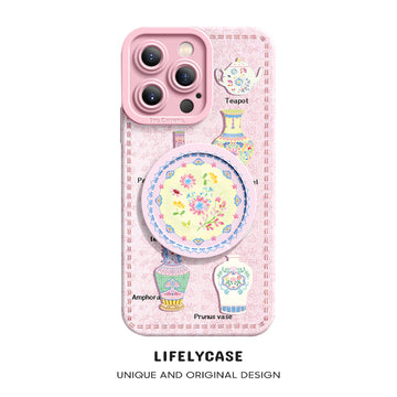 iPhone Mirror Bracket Series |"Porcelain Design” Cartoon Silicone Liquid Phone Case