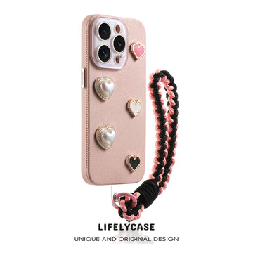 iPhone Lanyard Series | 3D Pearl Heart Genuine Leather Phone Case