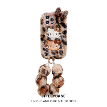 iPhone Lanyard Series | Leopard Print Hello Kitty Plush Phone Case