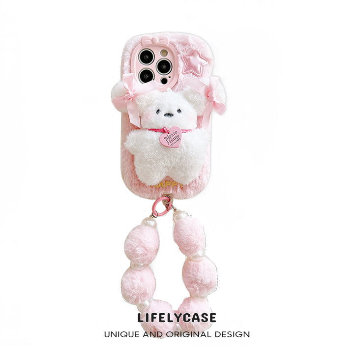 iPhone Lanyard Series | Pink Bow Puppy Plush Phone Case