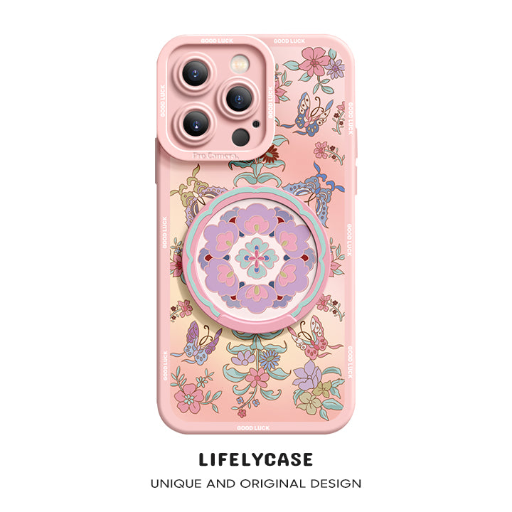 iPhone Mirror Bracket Series |"Retro Floral Series” Cartoon Silicone Liquid Phone Case