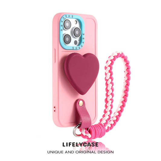 iPhone Lanyard Series | Pink Heart Bracket Liquid Silicone Phone Case